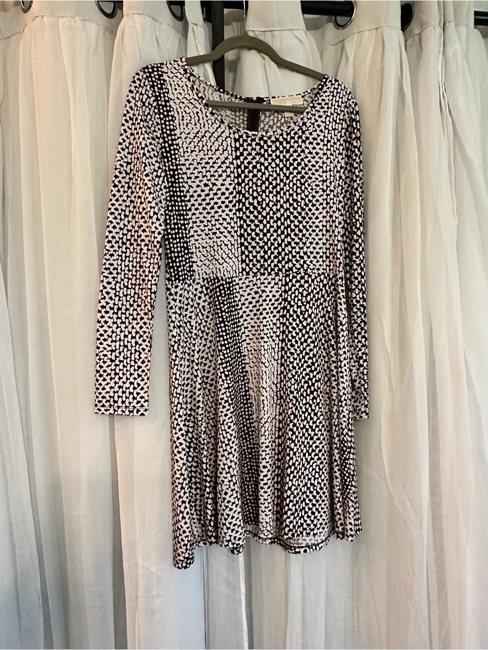 Michael Kors Long Sleeve Dark Brown  and White Patterned Fit-and-Flare Dress - Picture 3 of 6